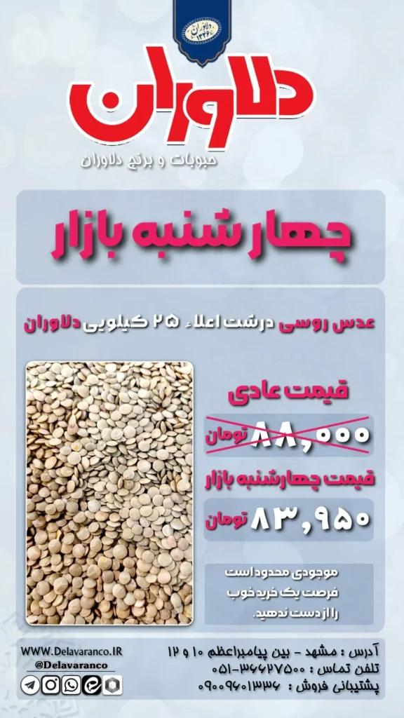 عدس روسی درشت اعلاء ۲۵ کیلویی دلاوران-حبوبات دلاوران-عدس درشت-عدس روسی-چهارشنبه بازار